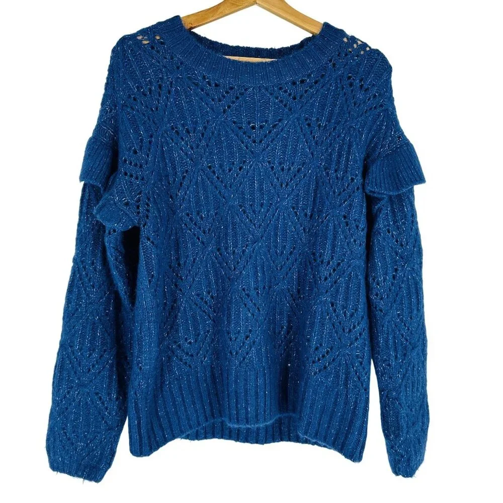 Old Navy Blue Knit Pointelle Ruffle Trim Crew Neck Long Sleeve Sweater Size S - Picture 2 of 6